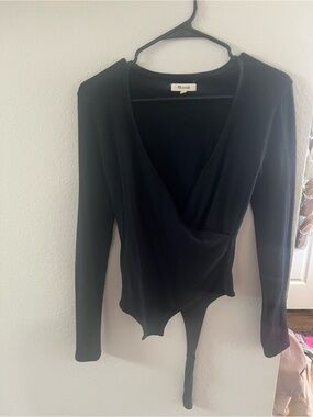 Madewell Black Long-Sleeve Wrap-Front Bodysuit